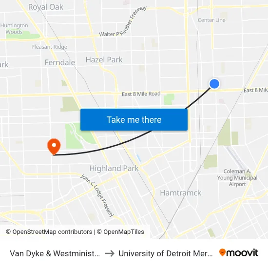 Van Dyke & Westminister to University of Detroit Mercy map