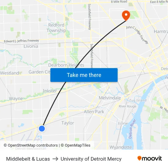 Middlebelt & Lucas to University of Detroit Mercy map