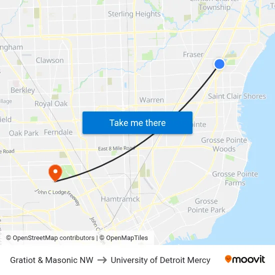 Gratiot & Masonic NW to University of Detroit Mercy map
