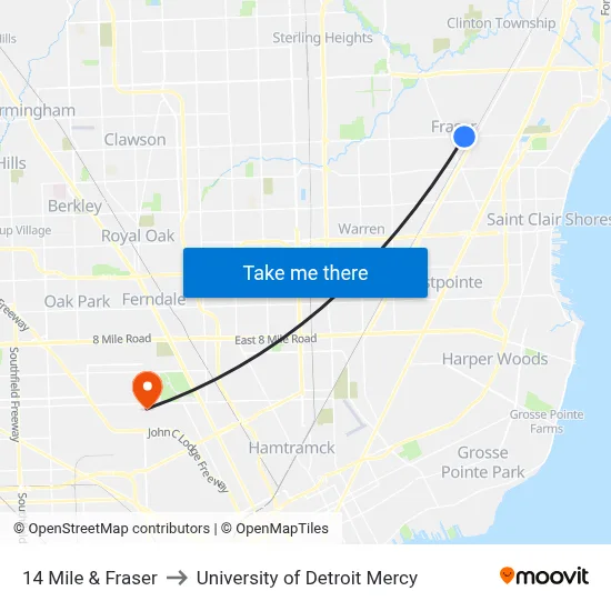 14 Mile & Fraser to University of Detroit Mercy map