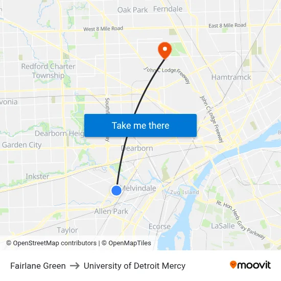 Fairlane Green to University of Detroit Mercy map