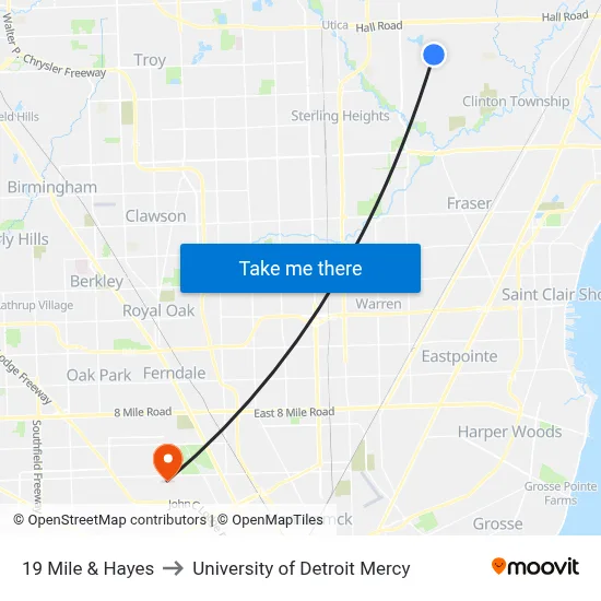 19 Mile & Hayes to University of Detroit Mercy map