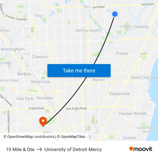 19 Mile & Dte to University of Detroit Mercy map