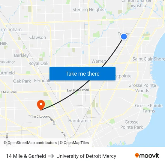 14 Mile & Garfield to University of Detroit Mercy map