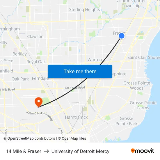 14 Mile & Fraser to University of Detroit Mercy map