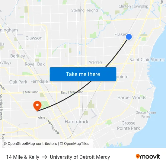 14 Mile & Kelly to University of Detroit Mercy map
