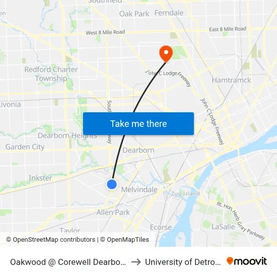 Oakwood @ Corewell Dearborn Hospital to University of Detroit Mercy map