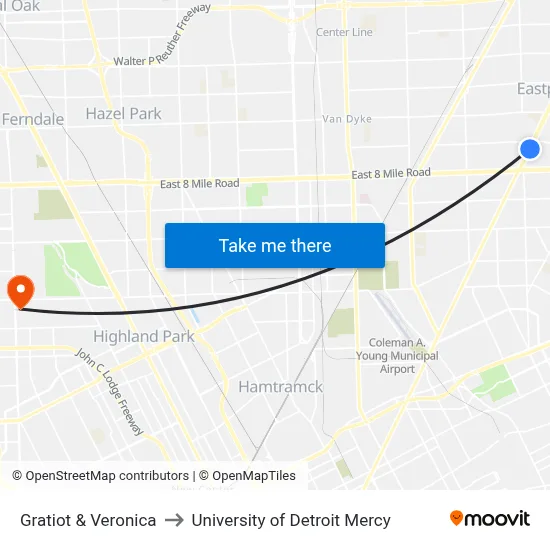 Gratiot & Veronica to University of Detroit Mercy map