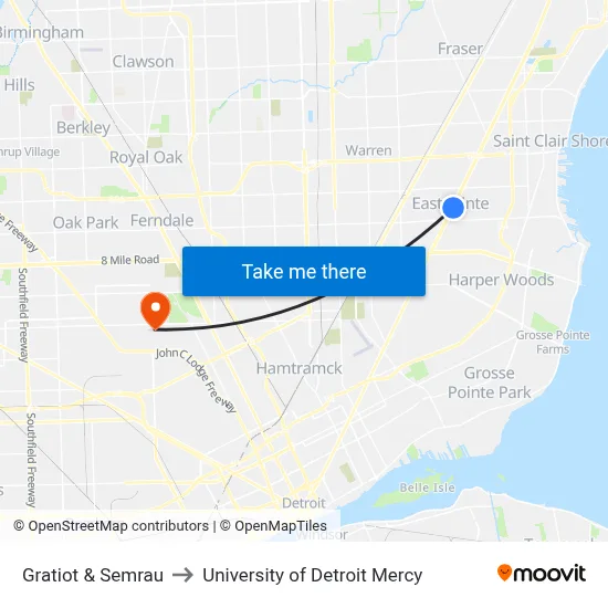 Gratiot & Semrau to University of Detroit Mercy map