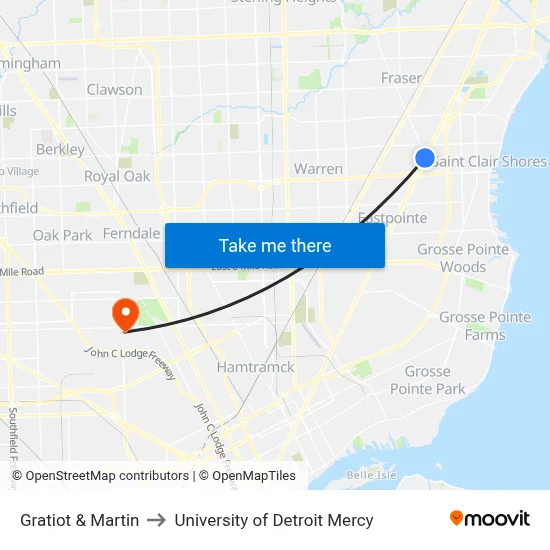 Gratiot & Martin to University of Detroit Mercy map
