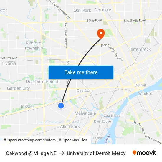 Oakwood @ Village NE to University of Detroit Mercy map