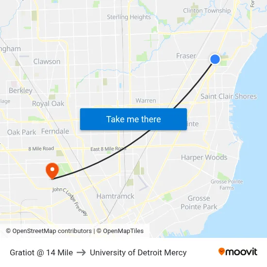 Gratiot @ 14 Mile to University of Detroit Mercy map