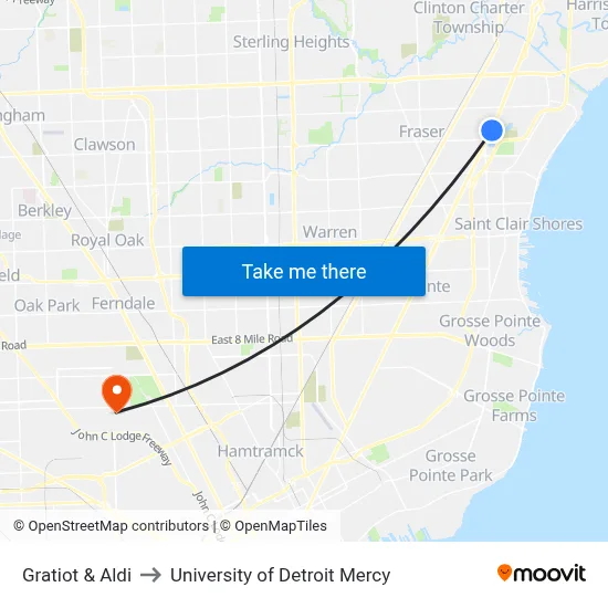 Gratiot & Aldi to University of Detroit Mercy map