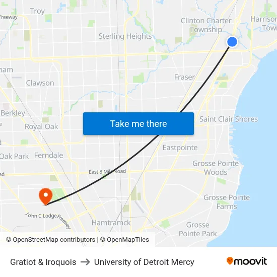 Gratiot & Iroquois to University of Detroit Mercy map