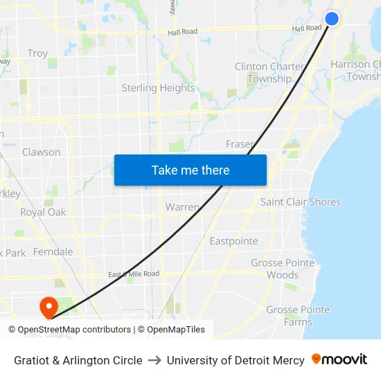 Gratiot & Arlington Circle to University of Detroit Mercy map