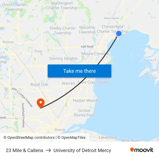 23 Mile & Callens to University of Detroit Mercy map
