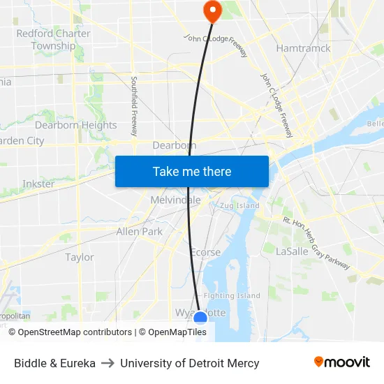 Biddle & Eureka to University of Detroit Mercy map