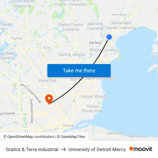Gratiot & Terra Industrial to University of Detroit Mercy map