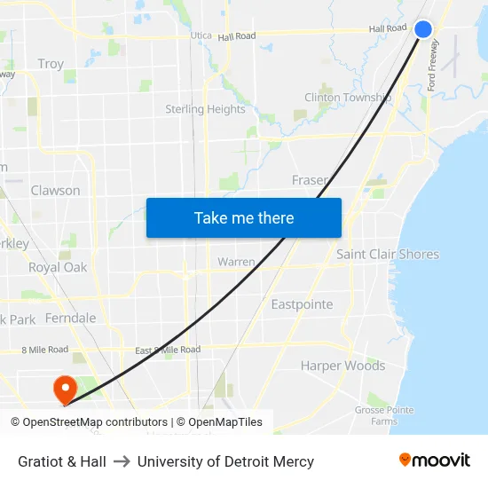 Gratiot & Hall to University of Detroit Mercy map