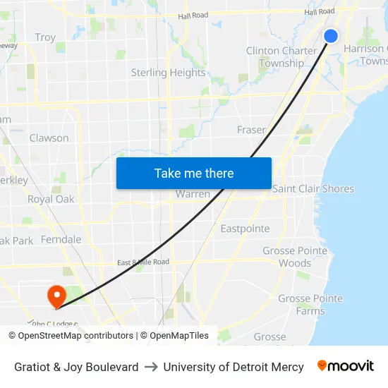 Gratiot & Joy Boulevard to University of Detroit Mercy map