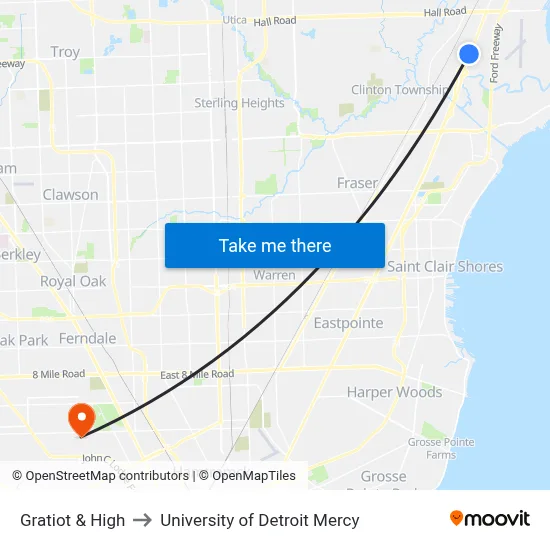 Gratiot & High to University of Detroit Mercy map