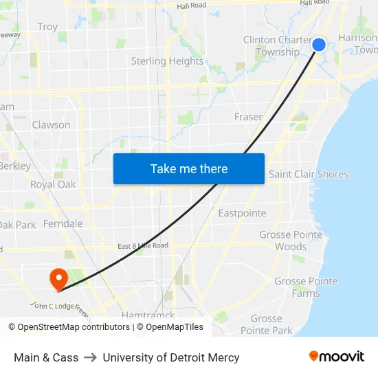 Main & Cass to University of Detroit Mercy map