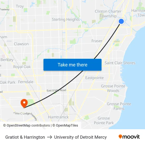 Gratiot & Harrington to University of Detroit Mercy map