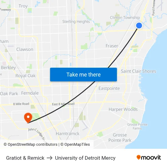 Gratiot & Remick to University of Detroit Mercy map