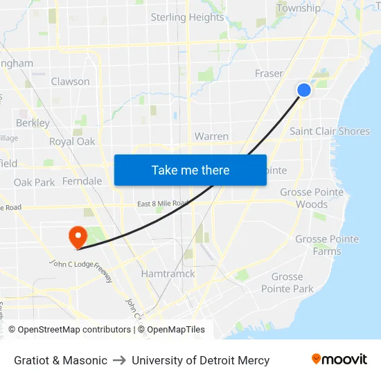 Gratiot & Masonic to University of Detroit Mercy map