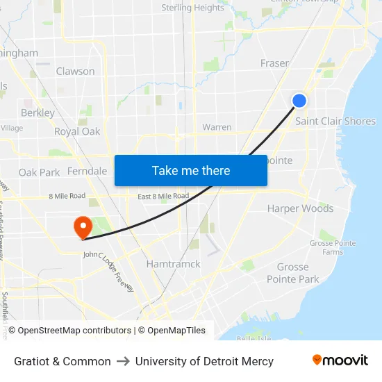 Gratiot & Common to University of Detroit Mercy map