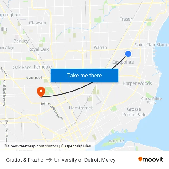 Gratiot & Frazho to University of Detroit Mercy map