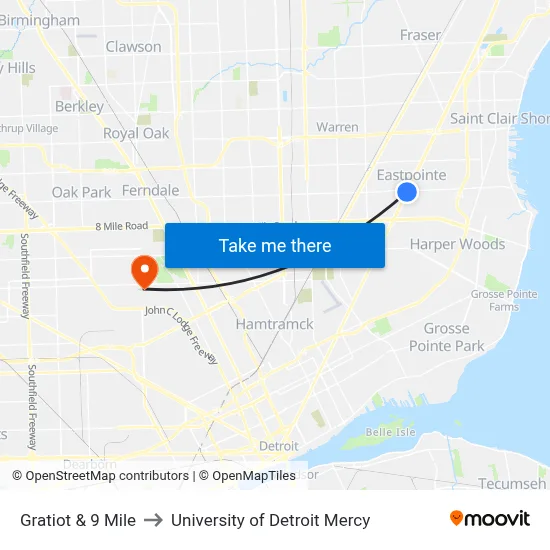 Gratiot & 9 Mile to University of Detroit Mercy map