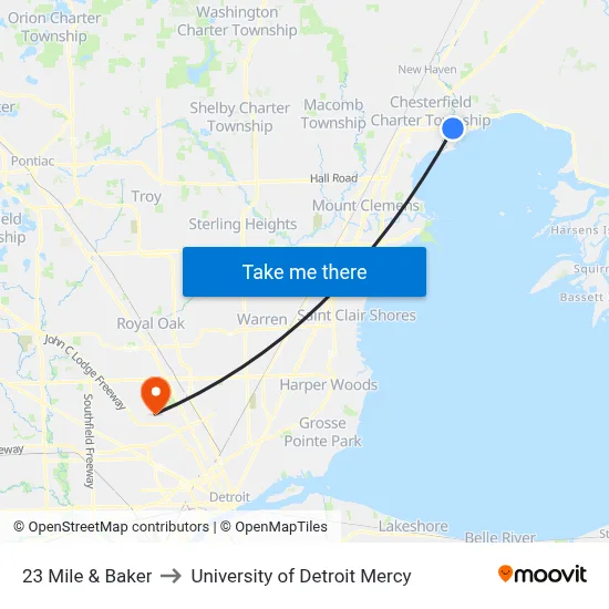 23 Mile & Baker to University of Detroit Mercy map