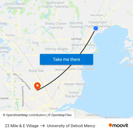 23 Mile & E Village to University of Detroit Mercy map