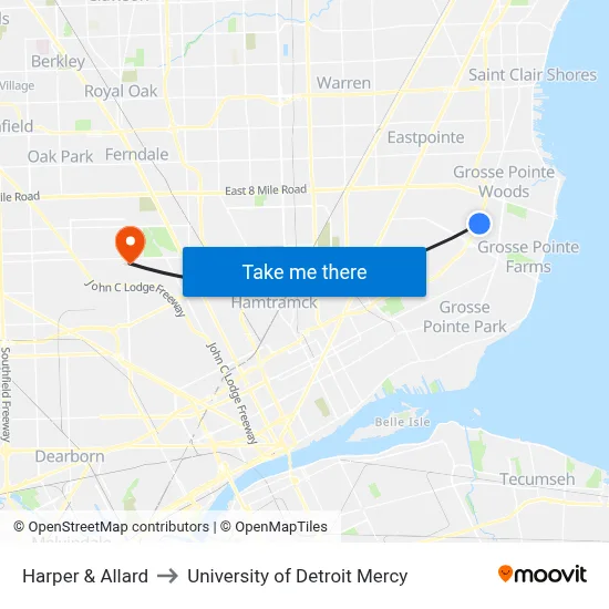 Harper & Allard to University of Detroit Mercy map