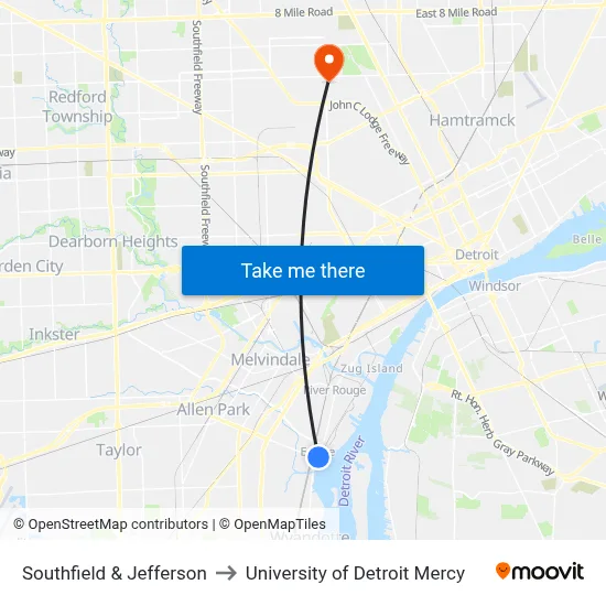 Southfield & Jefferson to University of Detroit Mercy map