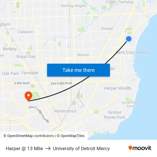 Harper @ 13 Mile to University of Detroit Mercy map