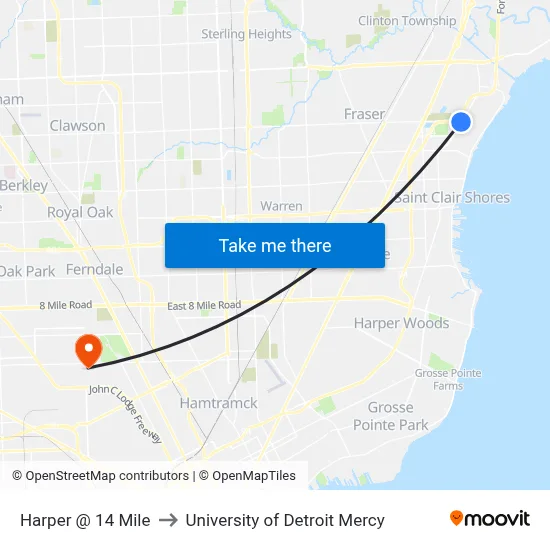 Harper @ 14 Mile to University of Detroit Mercy map