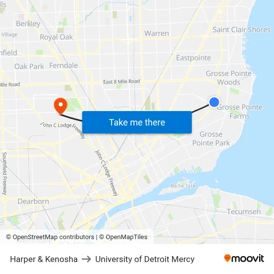 Harper & Kenosha to University of Detroit Mercy map