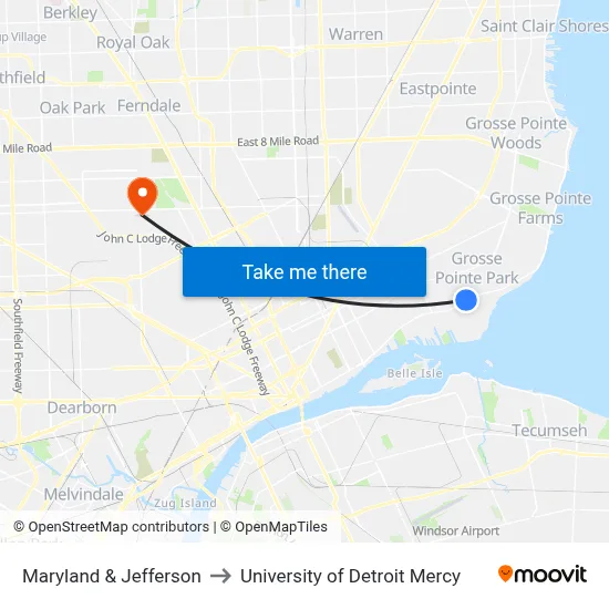 Maryland & Jefferson to University of Detroit Mercy map