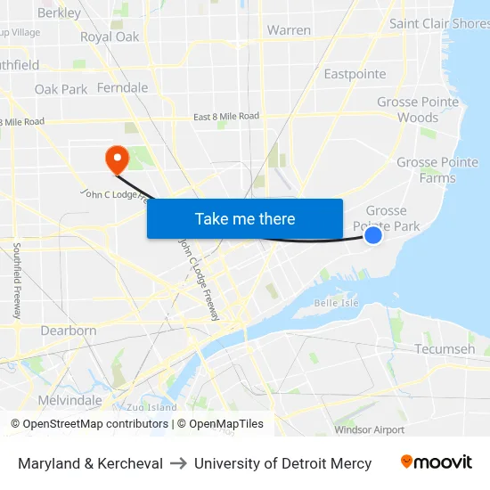 Maryland & Kercheval to University of Detroit Mercy map