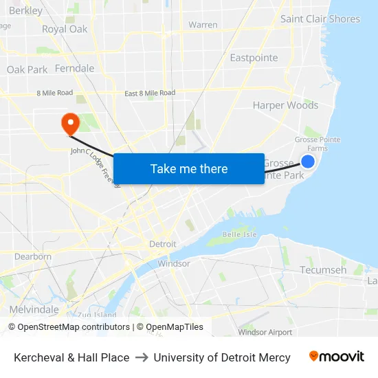 Kercheval & Hall Place to University of Detroit Mercy map