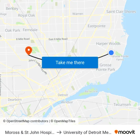 Moross & St John Hospital to University of Detroit Mercy map