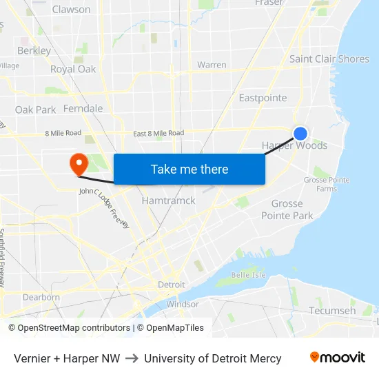 Vernier & Harper NW to University of Detroit Mercy map