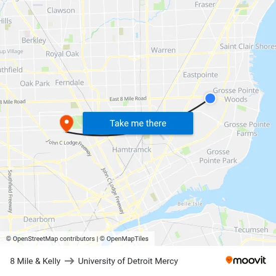 8 Mile & Kelly to University of Detroit Mercy map