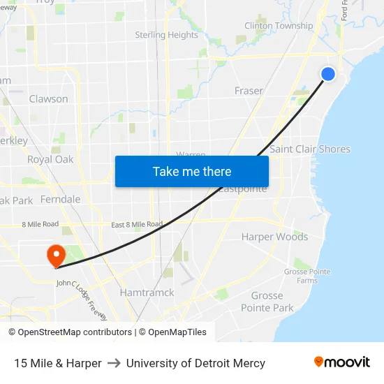 15 Mile & Harper to University of Detroit Mercy map