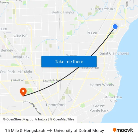 15 Mile & Hengsbach to University of Detroit Mercy map