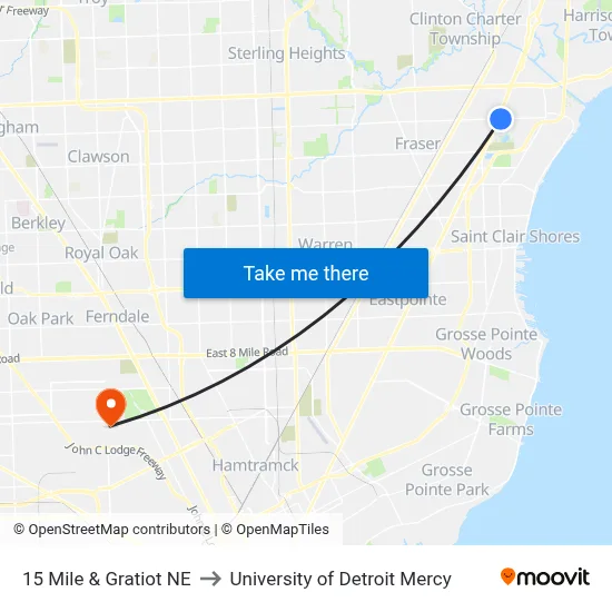 15 Mile & Gratiot NE to University of Detroit Mercy map