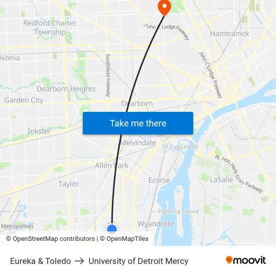 Eureka & Toledo to University of Detroit Mercy map