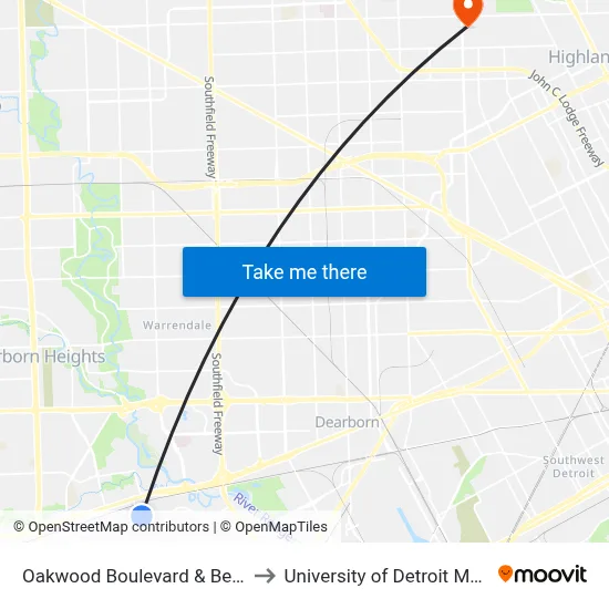 Oakwood Boulevard & Beech to University of Detroit Mercy map